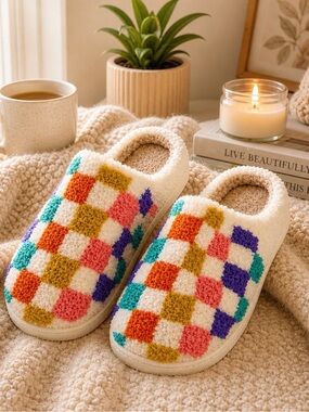 Colorful Checkerboard Sherpa Slippers Cozy Travel Lounge Shoes~Fits: M/L 7.5-8.5